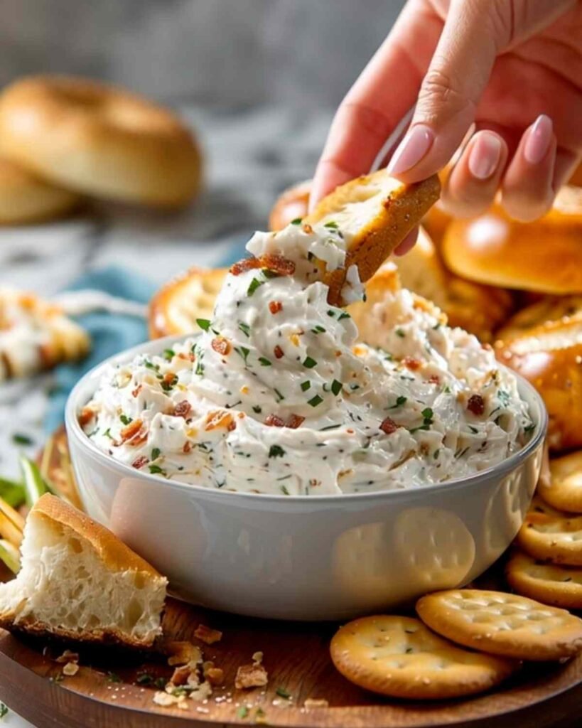 Hand dipping a cracker into a bowl of creamy bagel dip garnished with bacon and herbs.