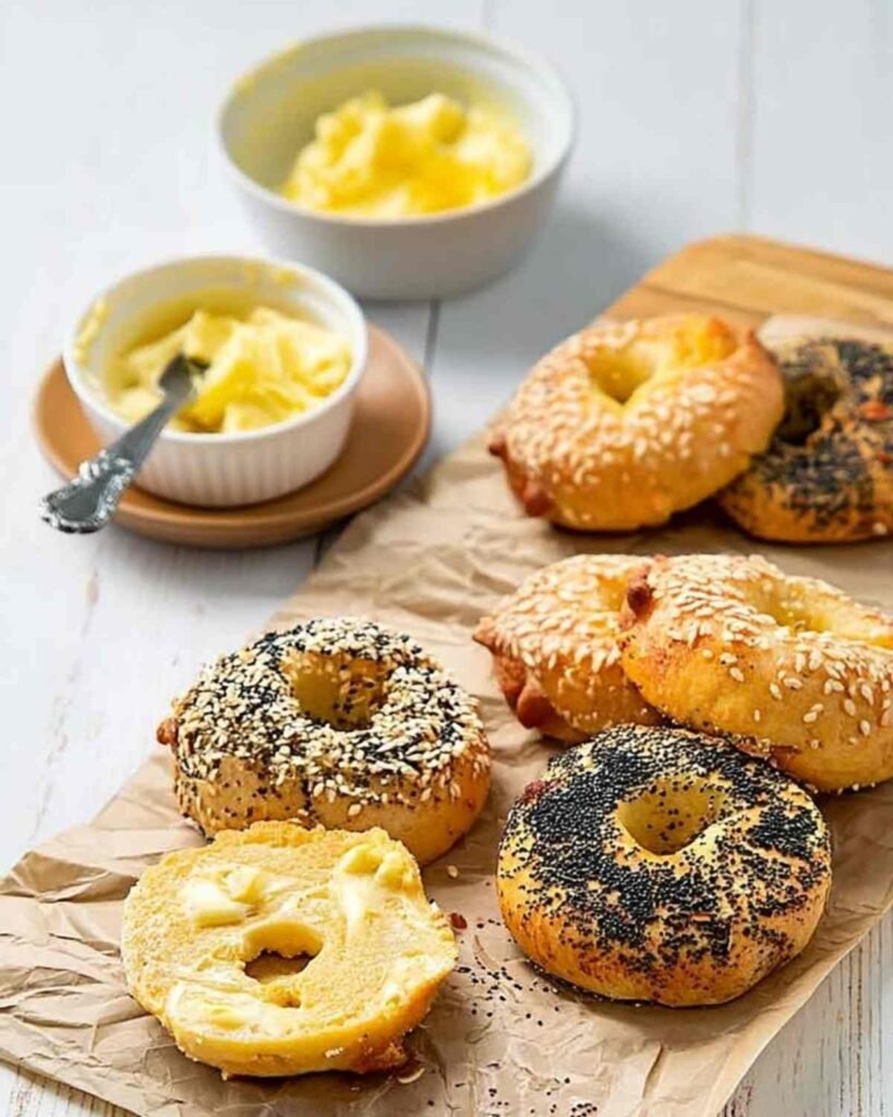 Assorted Cottage Cheese Bagels with everything and sesame toppings, served with small bowls of butter on parchment