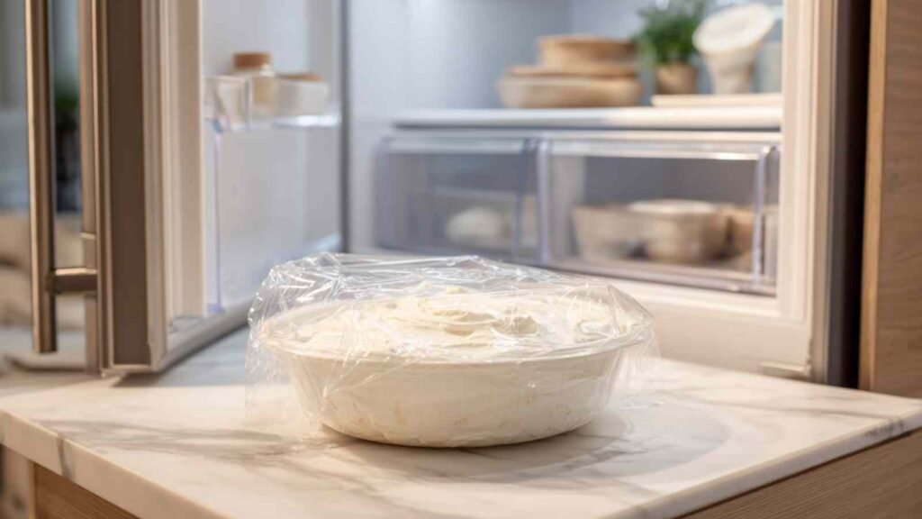 Creamy bagel dip in a bowl covered with plastic wrap, placed on a fridge shelf for chilling.