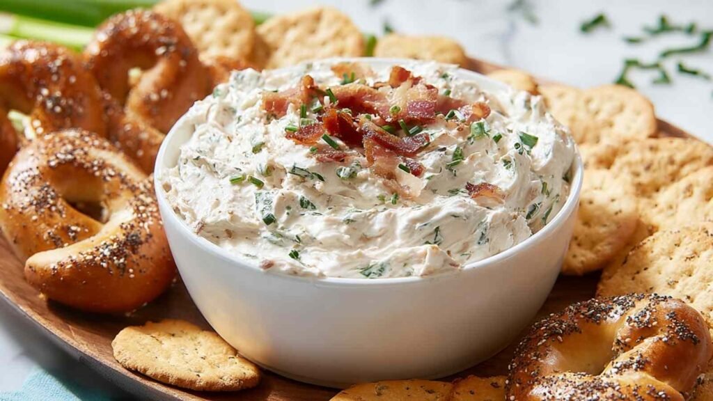Bagel dip garnished with bacon and herbs on a wooden platter, surrounded by pretzels and crackers.
