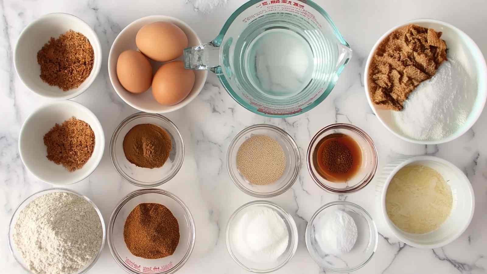 Top-down view of measured ingredients in bowls and cups for making cinnamon crunch bagels, arranged neatly on a white marble surface.