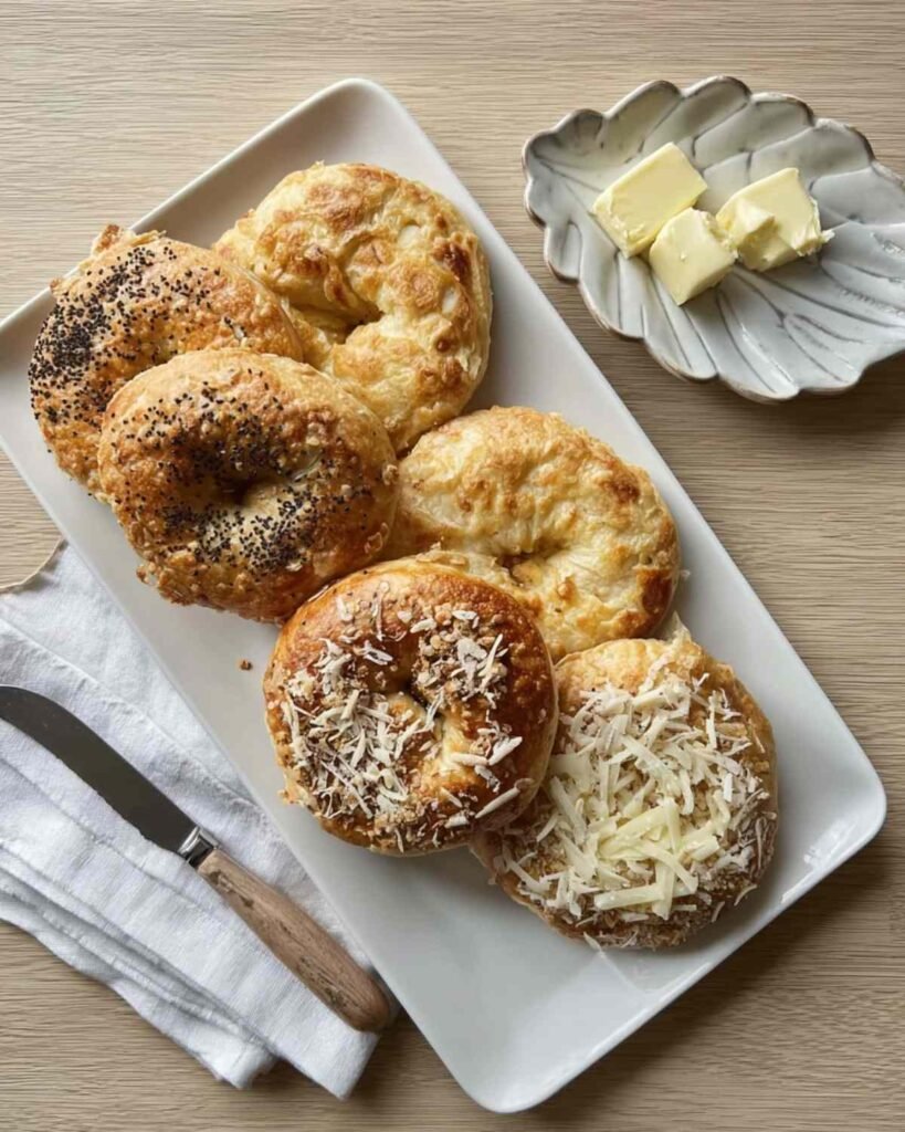 Platter of assorted golden cottage cheese bagels with shredded cheese and poppy seeds, served with butter on the side.
