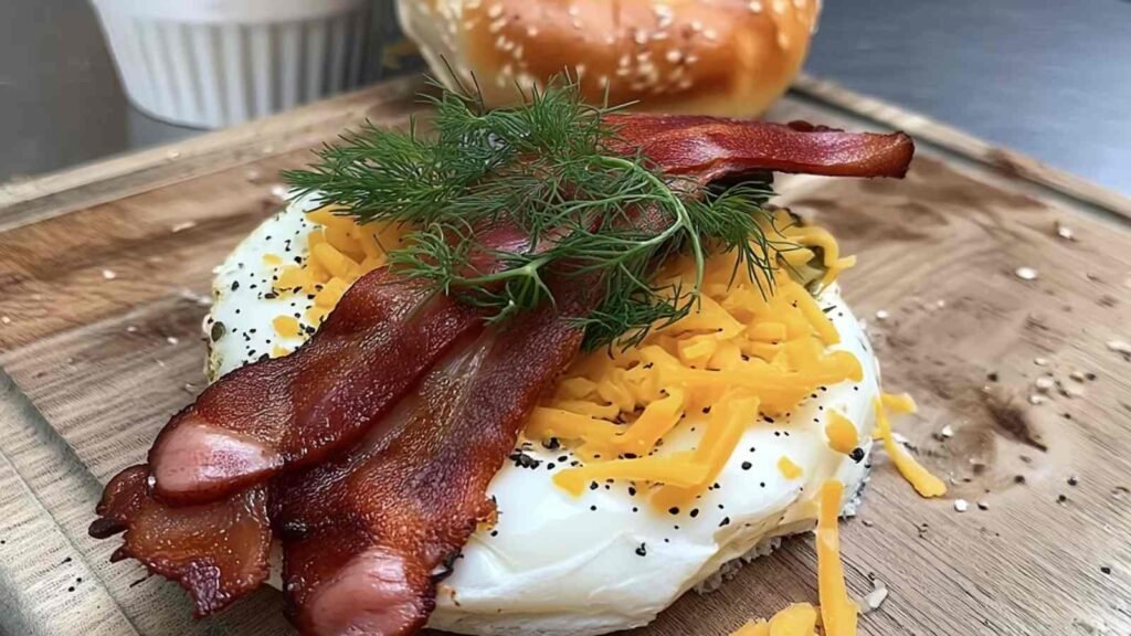 Cream cheese spread topped with bacon, shredded cheddar, poppy seeds, and a sprig of dill on a cutting board.