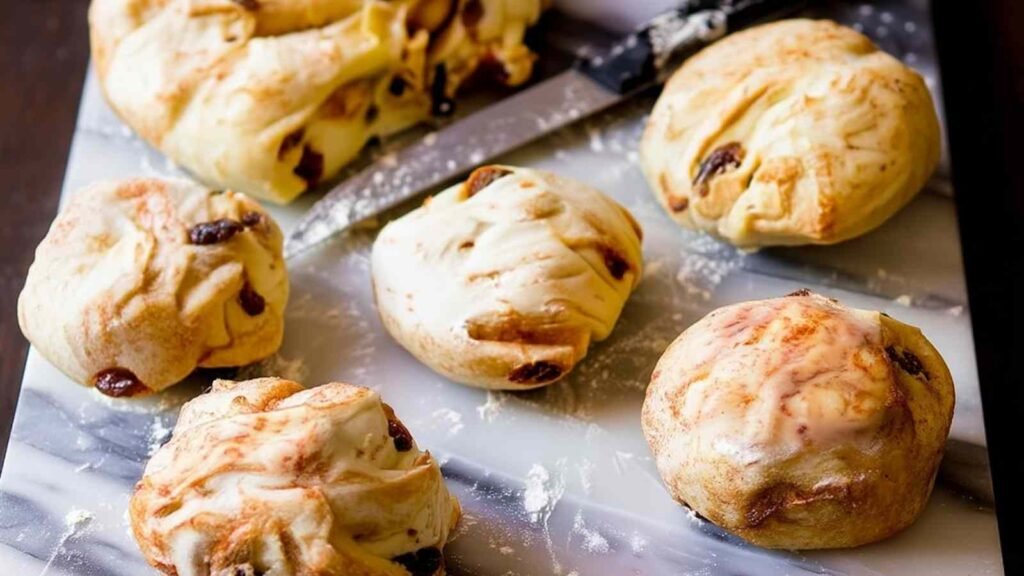 Unshaped dough rounds with raisins on a marble surface, dusted with flour

