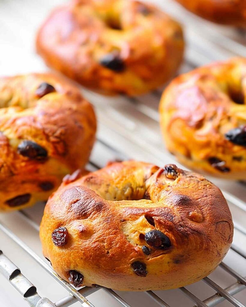 Freshly baked cinnamon raisin bagels cooling on a wire rack, with golden crust and visible raisins

