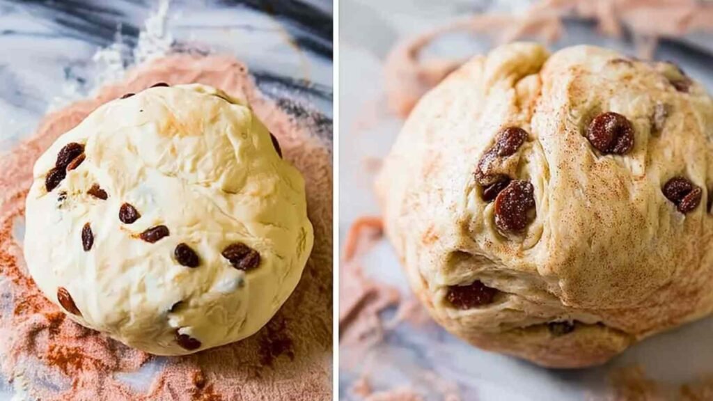 Close-up of cinnamon raisin bagel dough showing raisins and cinnamon swirls
