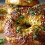 Close-up of jalapeno cheddar bagels topped with golden melted cheese, sesame seeds, and fresh herbs, surrounded by jalapeño slices.