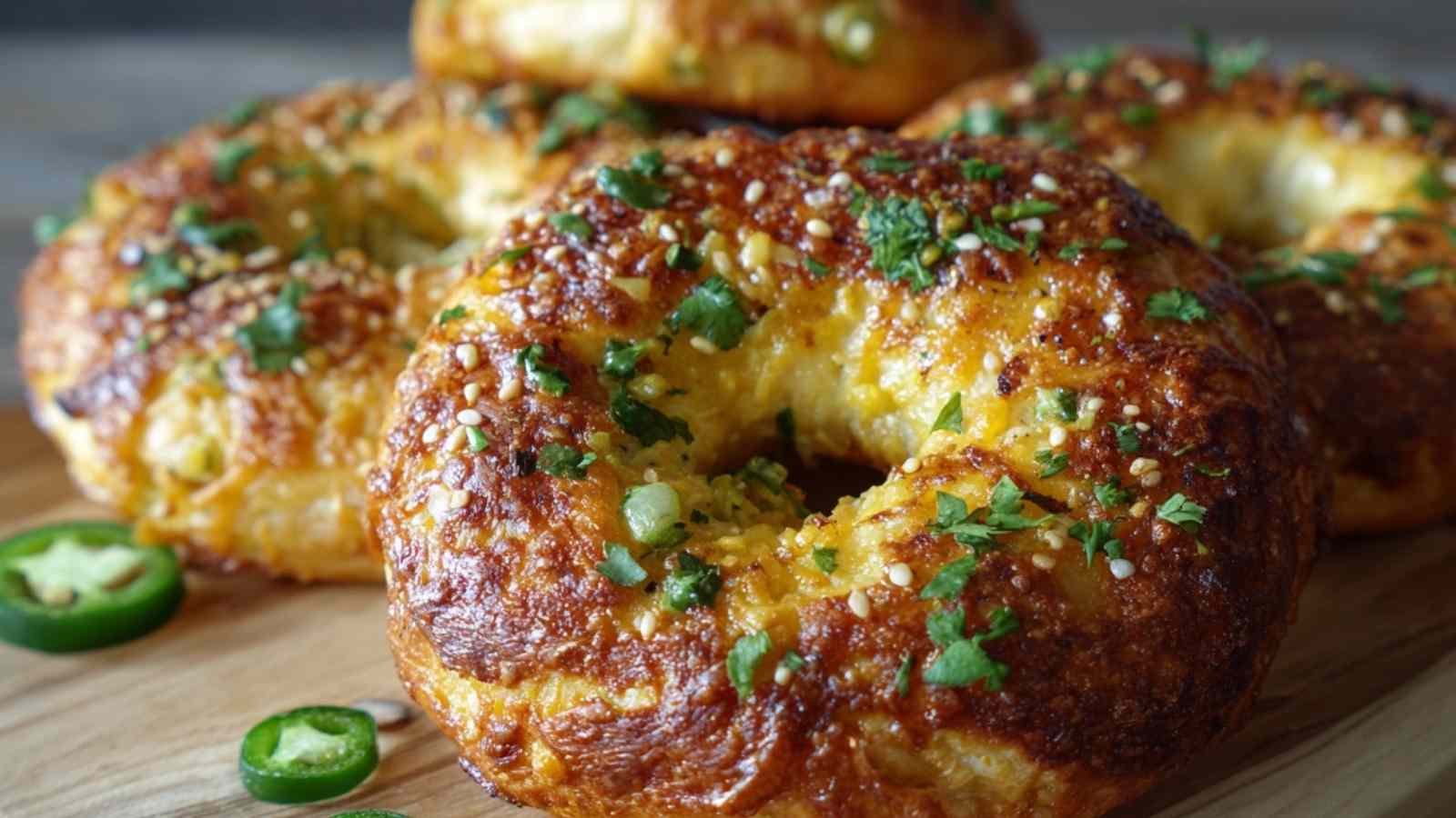 Close-up of jalapeno cheddar bagels topped with golden melted cheese, sesame seeds, and fresh herbs, surrounded by jalapeño slices.