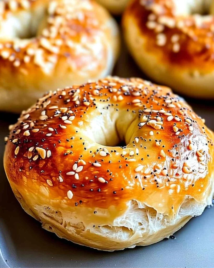 Close-up of a freshly baked Greek yogurt bagel with a shiny golden crust, puffy texture, and topped with sesame and poppy seeds