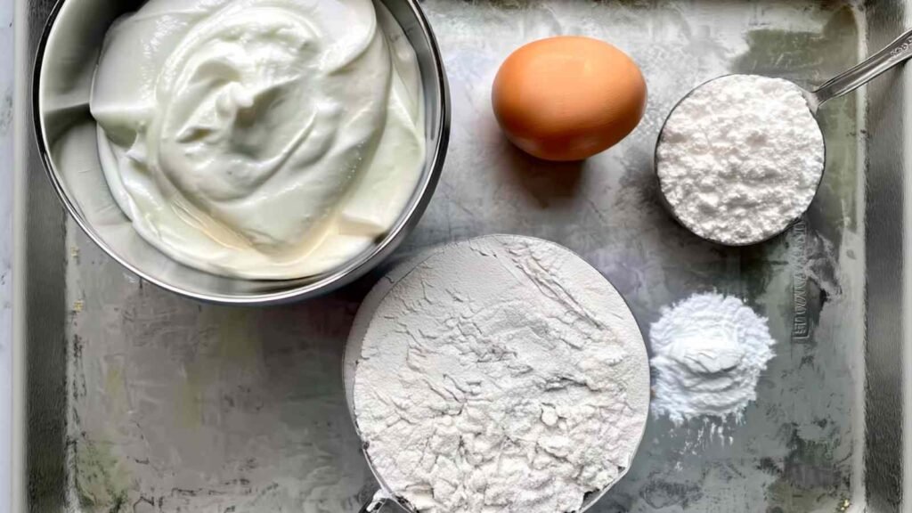 Top-down view of whipped cottage cheese, egg, flour, baking powder, and powdered ingredients on a metal baking sheet.