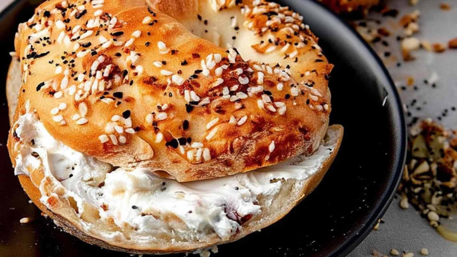 Close-up of a halved cottage cheese bagel filled with cream cheese, topped with everything seasoning on a black plate