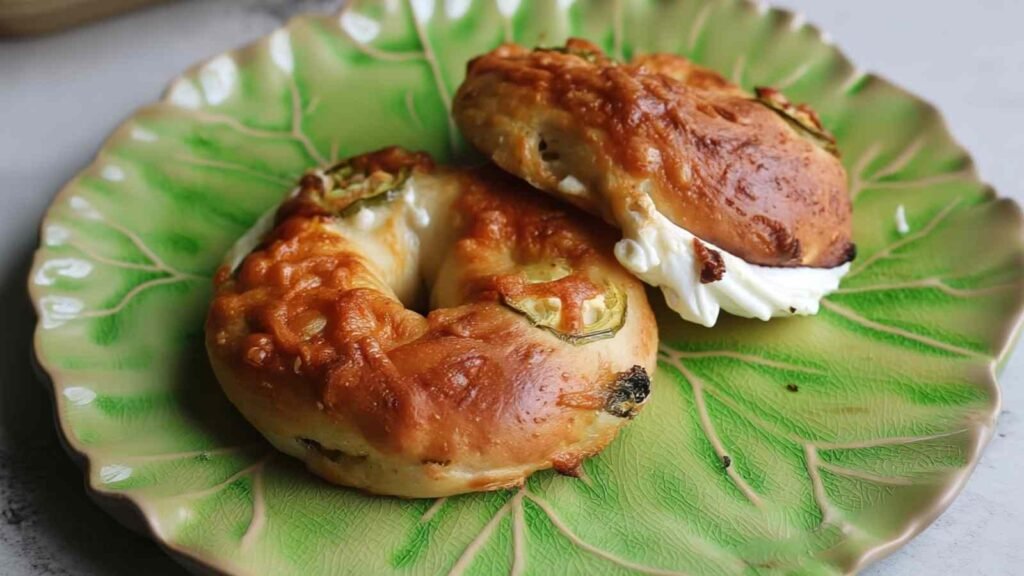 Two golden-brown jalapeno cheddar bagels served with cream cheese on a green leaf-patterned plate, showing melted cheese and roasted jalapeño slices.