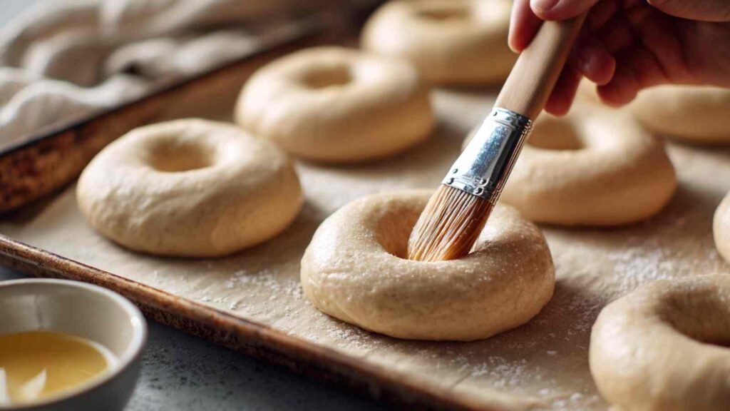Unbaked Greek yogurt bagels on a tray being brushed with egg wash, creating that shiny golden finish
