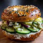 Everything bagel stacked with sliced cucumbers, dill pickles, red onions, and cream cheese, captured in a dramatic close-up with a dark background.