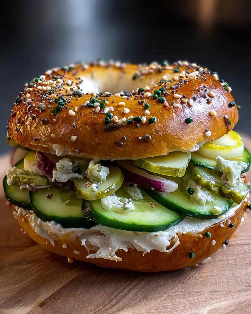 Everything bagel stacked with sliced cucumbers, dill pickles, red onions, and cream cheese, captured in a dramatic close-up with a dark background.