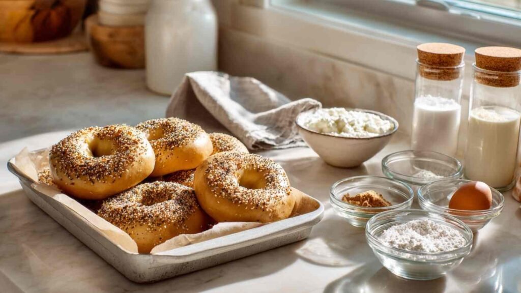 Tray of golden Greek yogurt bagels surrounded by ingredients like flour, egg, Greek yogurt, and everything bagel seasoning on a kitchen counter