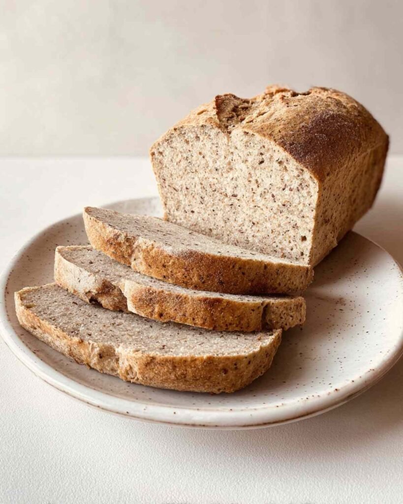 Finished flourless bread loaf on plate, partially sliced to show inside crumb and crust