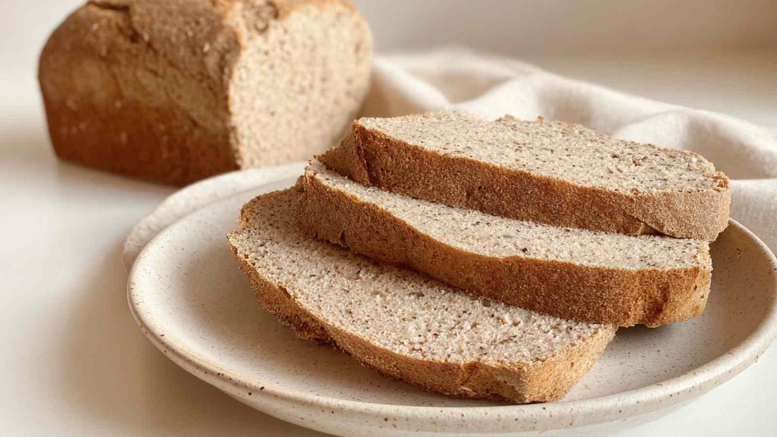 Close-up of sliced flourless bread on a ceramic plate showing its soft, dense interior and golden crust