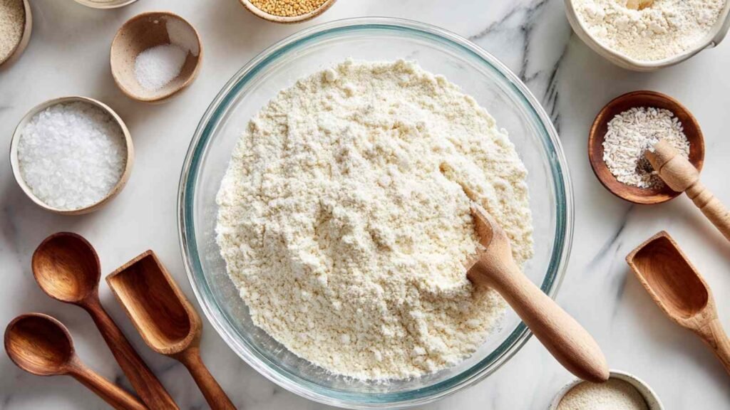 Overhead view of flour and seed ingredients in bowls on marble surface, prepared for flourless bread