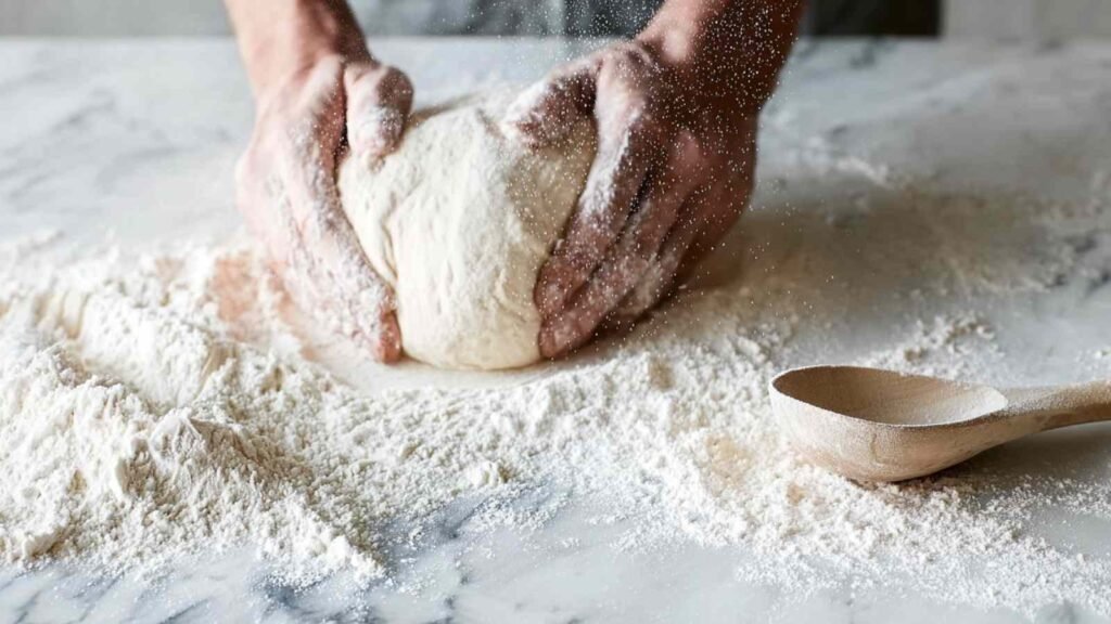 Close-up of hands shaping a ball of bagel dough surrounded by flour on a marble surface