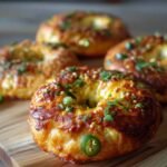 Close-up of a fully baked jalapeno cheddar bagel with golden cheese, sesame seeds, and fresh herbs, resting on a wooden board.