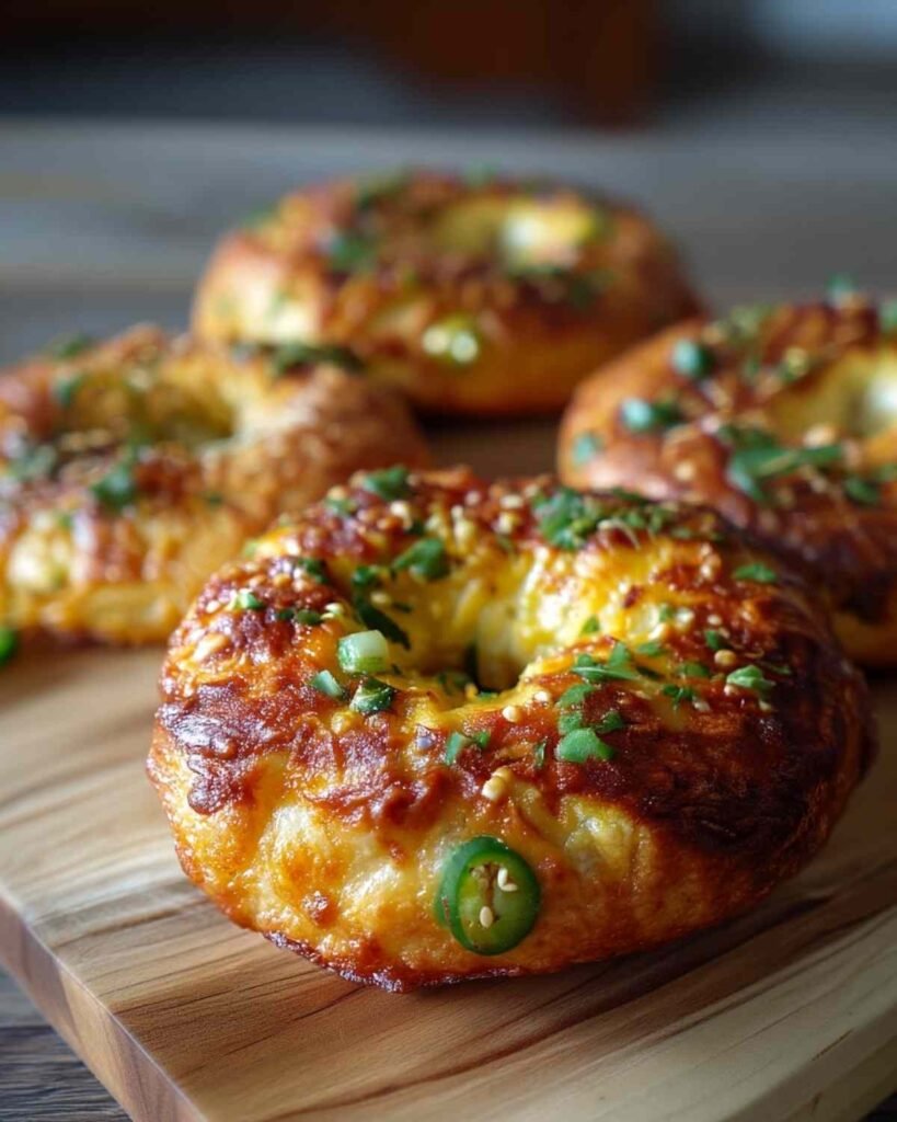 Close-up of a fully baked jalapeno cheddar bagel with golden cheese, sesame seeds, and fresh herbs, resting on a wooden board.