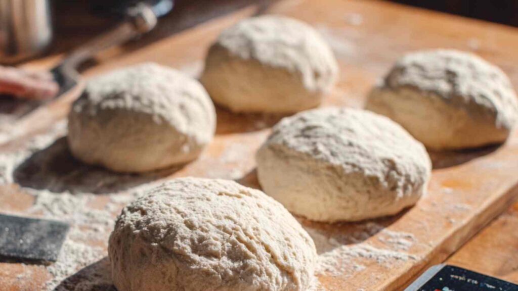 Soft, floured dough balls resting on a wooden surface, prepared for shaping into Greek yogurt bagels