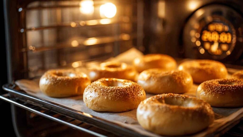 Multiple Greek yogurt bagels baking on parchment in the oven, golden brown and sprinkled with sesame seeds
