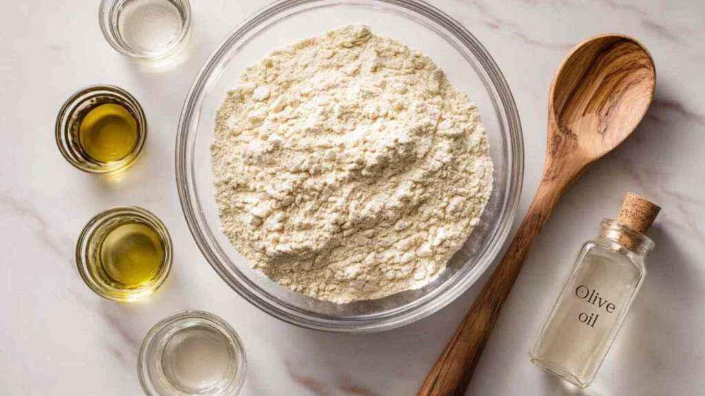 Flat lay of dry ingredients for Hero Bagels including flour blend, olive oil, and vinegar on a marble counter.