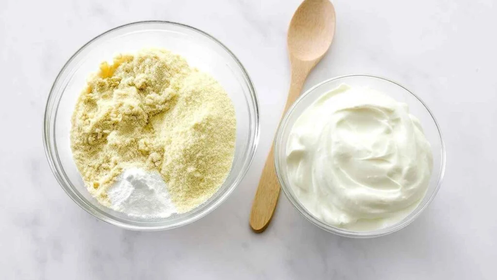 Glass bowls of almond flour mix and blended cottage cheese with a wooden spoon on a white marble counter