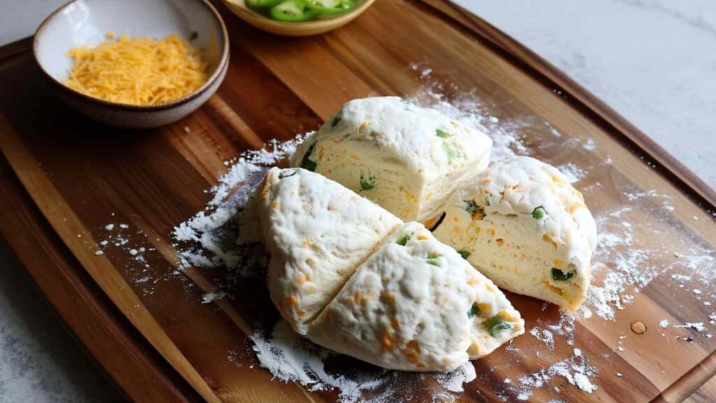 Floured wooden board with jalapeno cheddar bagel dough divided into four portions, with shredded cheese and sliced jalapeños in bowls nearby.