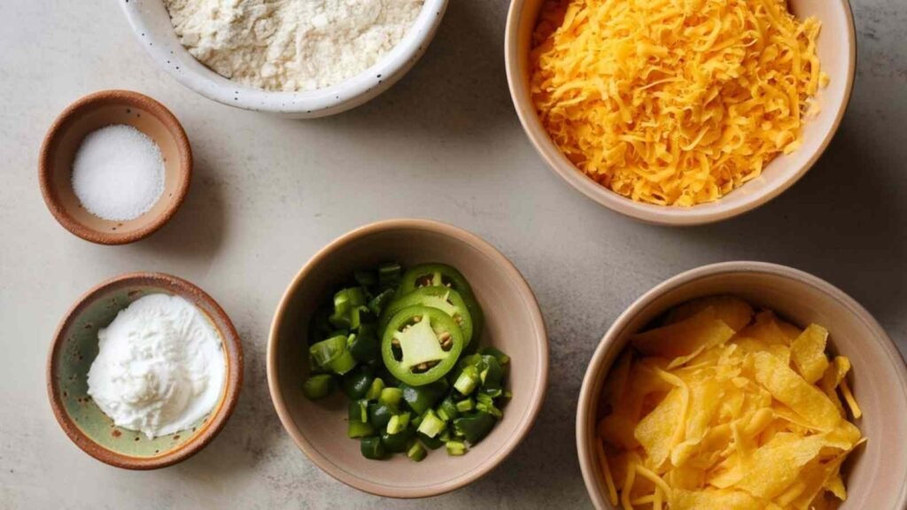 Flat lay of jalapeno cheddar bagel ingredients including shredded cheddar, Greek yogurt, jalapeños, flour, salt, and baking powder in small bowls.