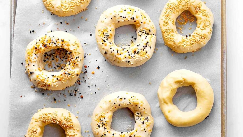 Unbaked keto high-protein bagels on parchment paper, sprinkled with everything bagel seasoning and sesame seeds