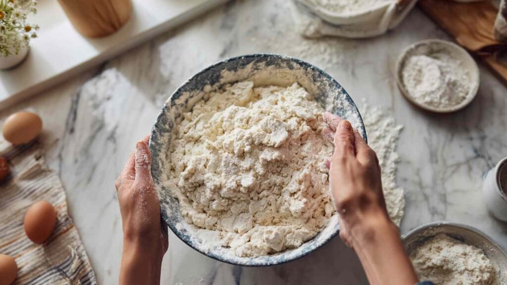 Hands mixing pale flourless bread dough in a bowl on a floured surface