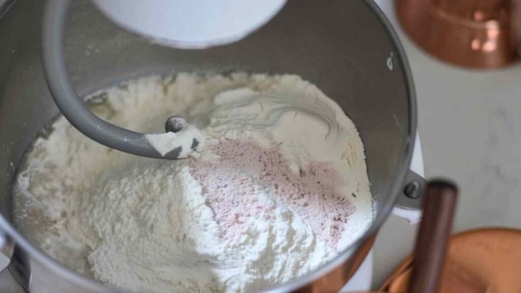Unmixed flour and salt in a mixer bowl with dough hook, starting the sourdough discard bagel dough.