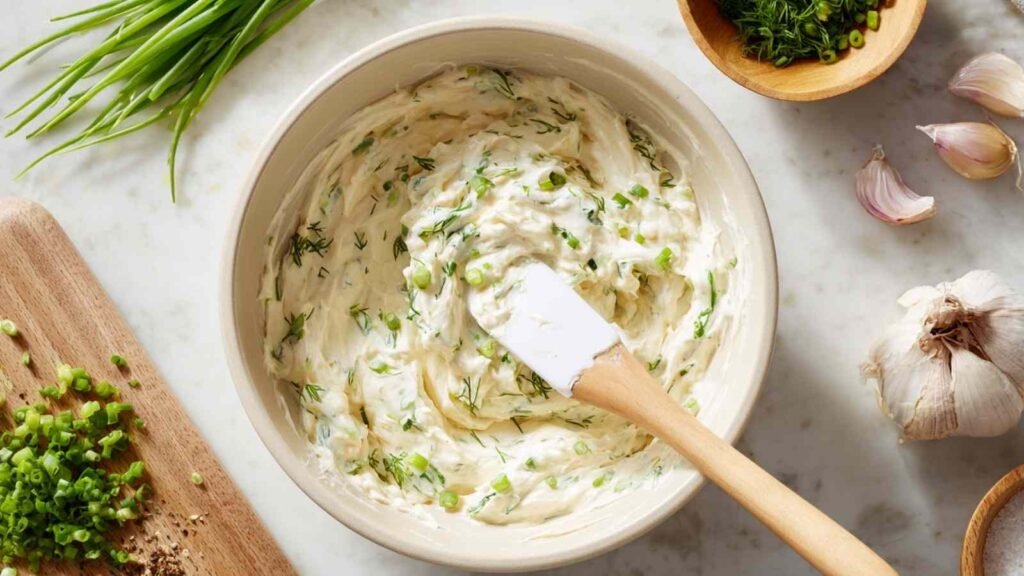 Overhead view of creamy bagel dip being mixed with chopped green onions, dill, and garlic.