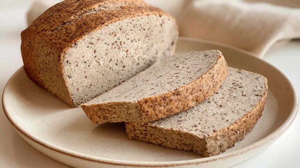 Sliced flourless bread on a plate showing speckled interior from flaxseed and almond flour