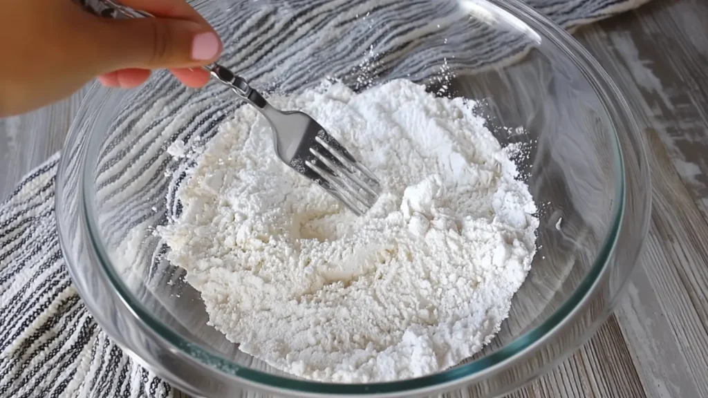 Fork mixing flour and baking powder in a glass bowl for cottage cheese bagels