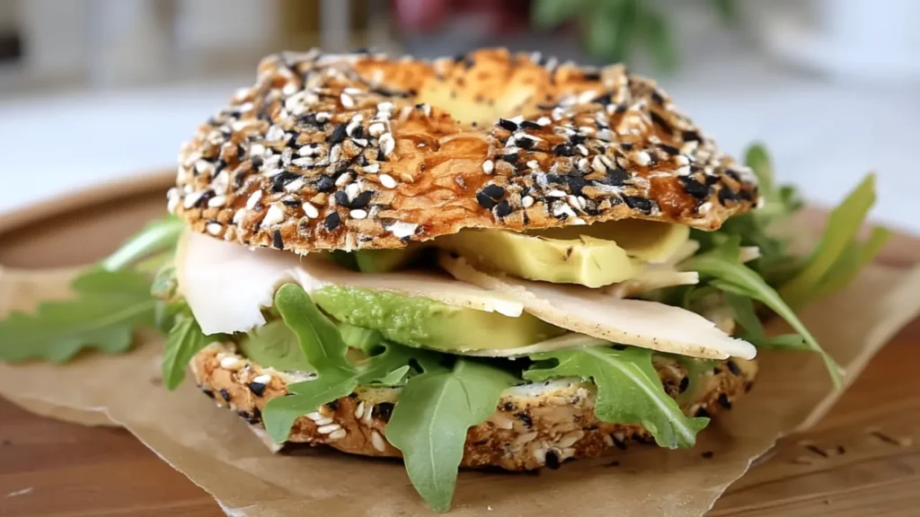 Cottage cheese bagel sandwich filled with sliced turkey, avocado, and arugula
