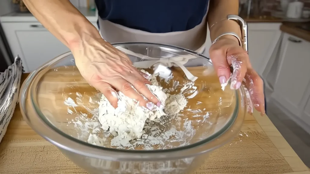 Hands kneading cottage cheese bagel dough in a large glass bowl
