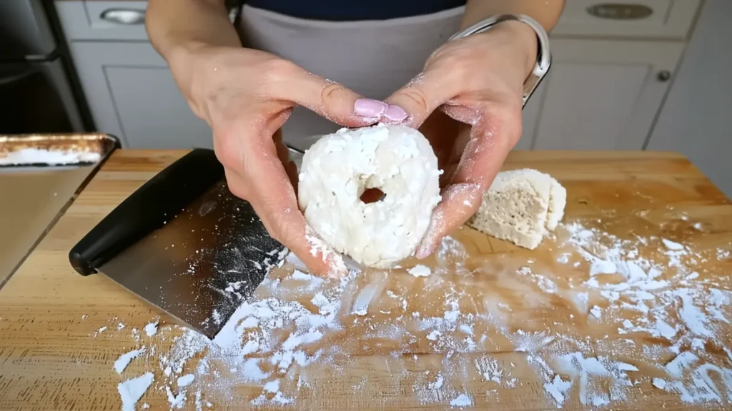 Shaping a raw cottage cheese bagel by hand with a hole in the center