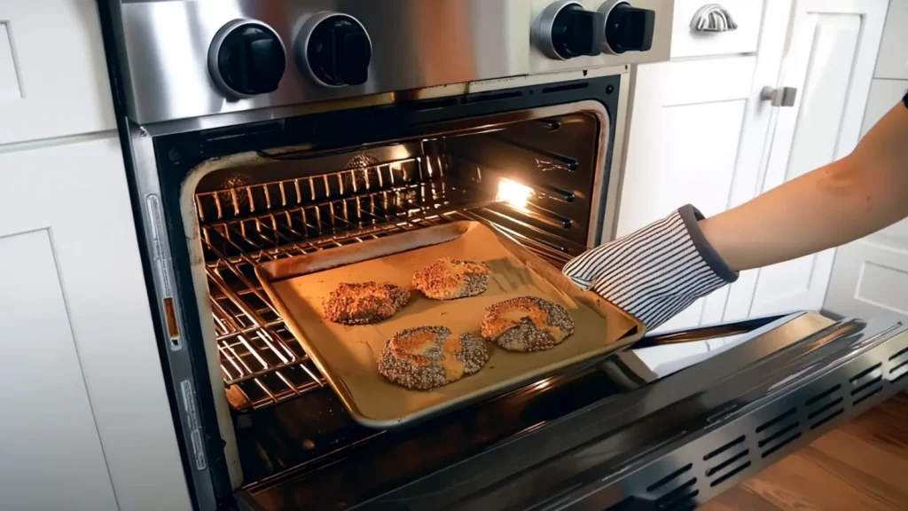 Unbaked seasoned bagels placed into the oven on a parchment-lined tray