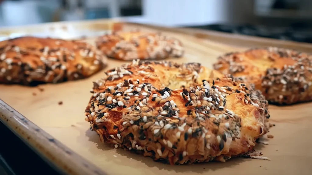 everything bagels with crispy crust and golden color