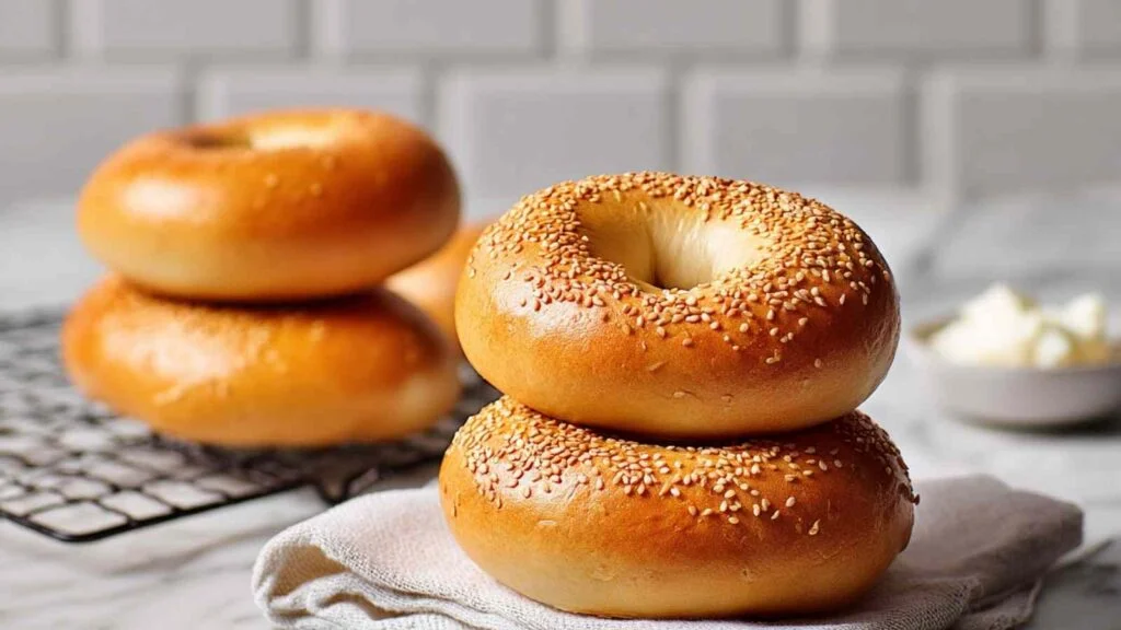 Close-up of two Hero Bagels with sesame topping stacked on a towel, more in background on a cooling rack.
