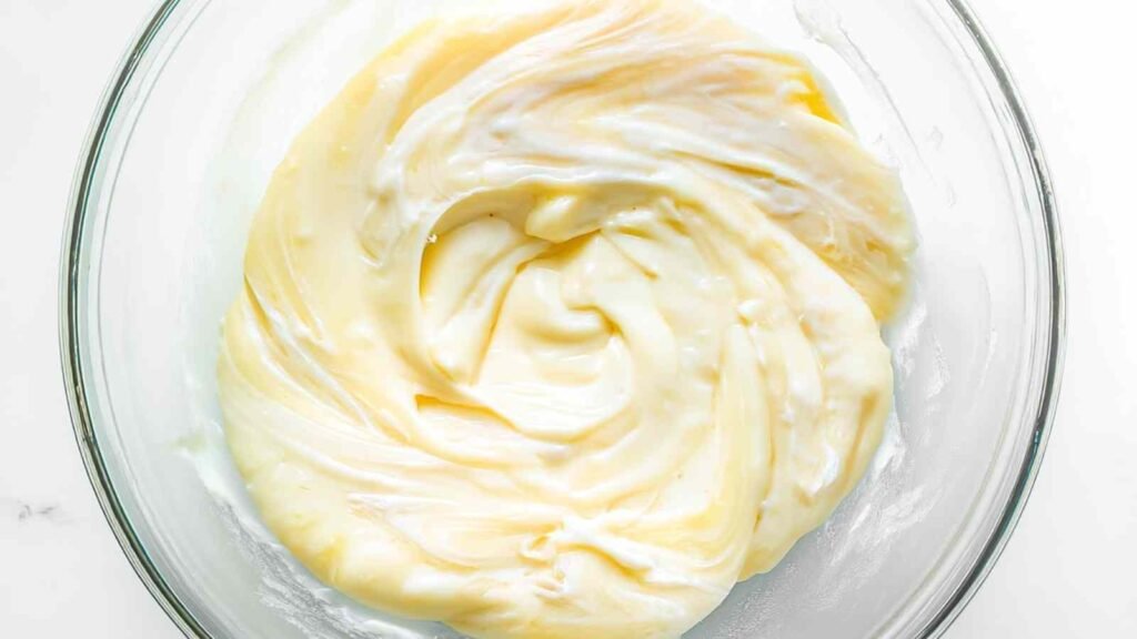 Glass bowl filled with melted mozzarella and cream cheese, ready to be mixed into keto high-protein bagel dough