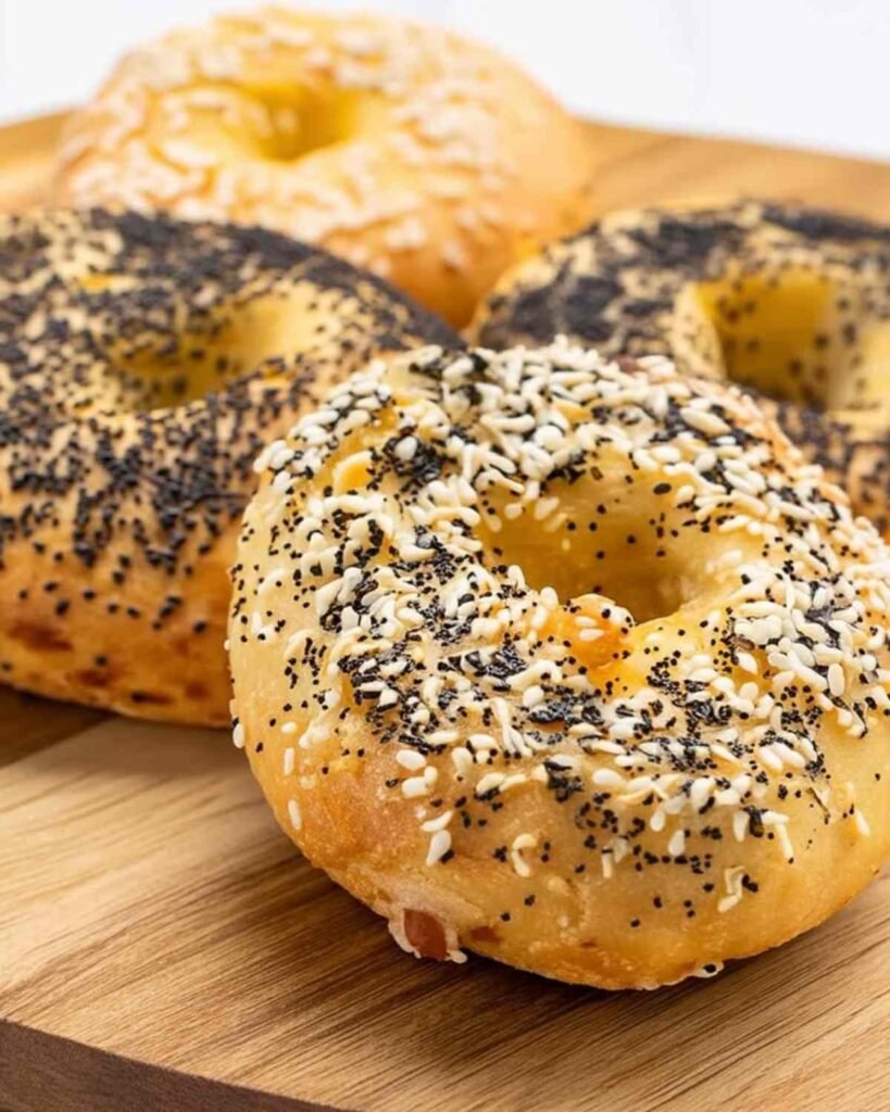 Stack of Cottage Cheese Bagels with Almond Flour on wooden board, topped with sesame and poppy seeds