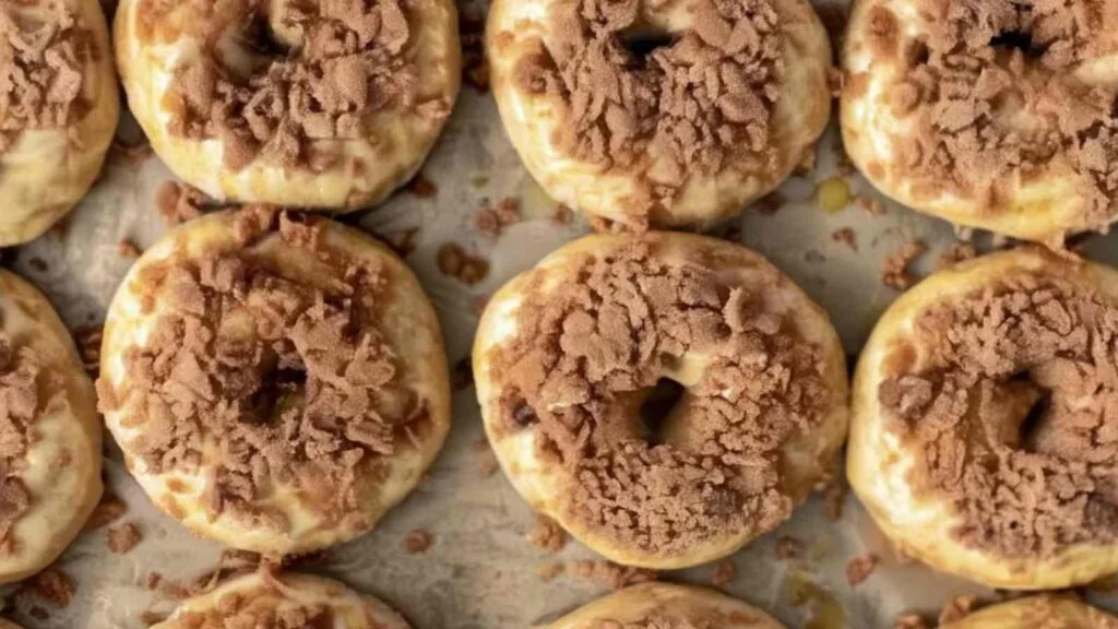 Close-up of golden baked bagels topped generously with crackly cinnamon-sugar crunch on a parchment-lined baking sheet.