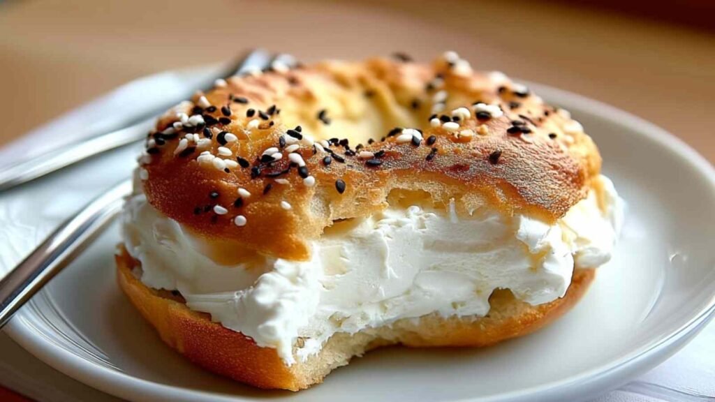 Close-up of a basket lined with parchment, filled with golden brown cottage cheese bagels topped with everything seasoning.