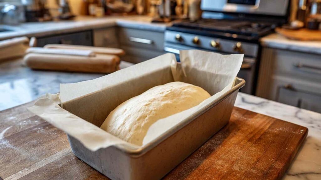 Unbaked loaf of flourless bread in a parchment-lined pan, resting before baking
