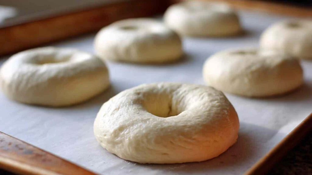 Hero Bagel dough rings proofing on a parchment-lined baking tray, ready to be boiled or baked.